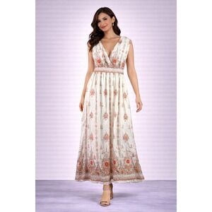 Lapofee Boho  Dress Women's Sz M Ivory Floral Empire‎ Waist Sleeveless Festival